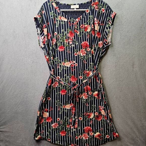Bobbie Brooks Womens Dress Floral Striped Belt  Knee Length Blue Size 1X - Picture 1 of 10